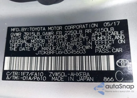 2017 Toyota Prius from USA, damaged, VIN JTDKBRFU6H3045603